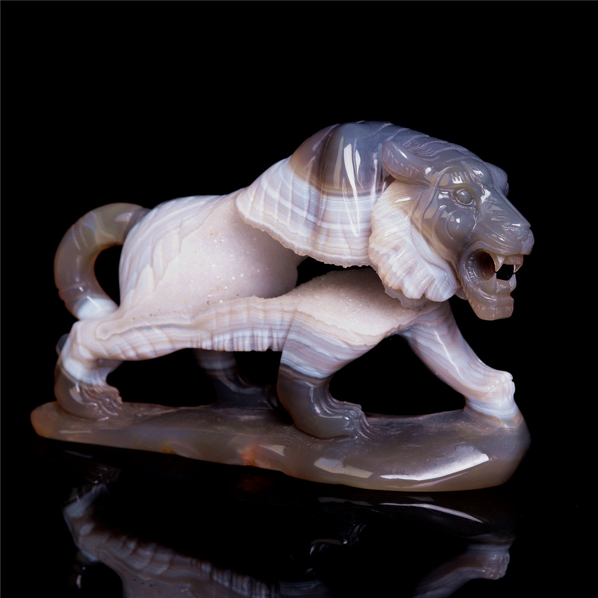 6" Druzy Agate Crystal Tiger Figurine Realistic Animal Carvings Gift