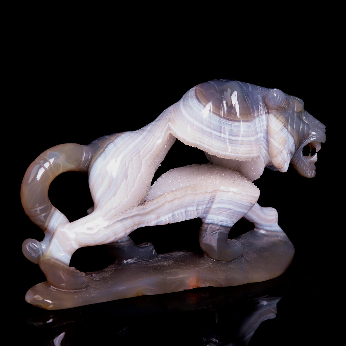 6" Druzy Agate Crystal Tiger Figurine Realistic Animal Carvings Gift