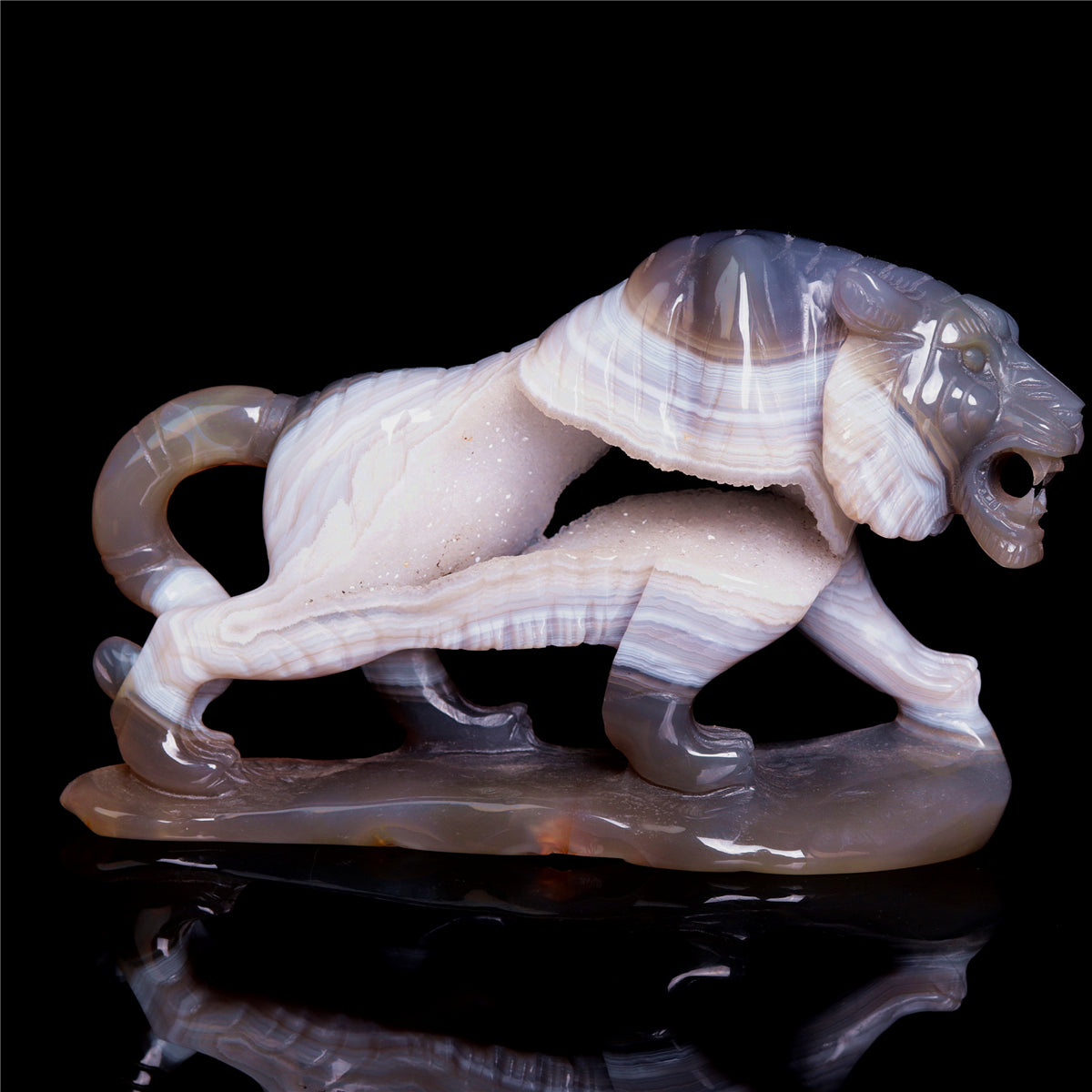 6" Druzy Agate Crystal Tiger Figurine Realistic Animal Carvings Gift