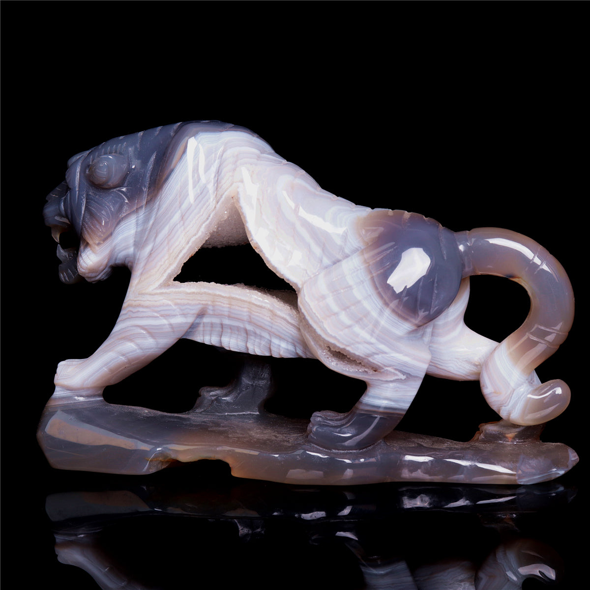 6" Druzy Agate Crystal Tiger Figurine Realistic Animal Carvings Gift