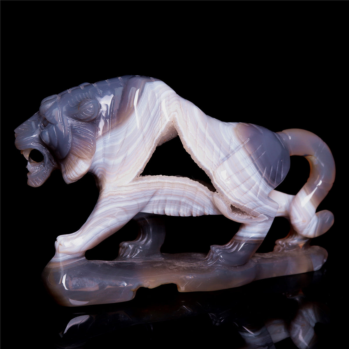 6" Druzy Agate Crystal Tiger Figurine Realistic Animal Carvings Gift