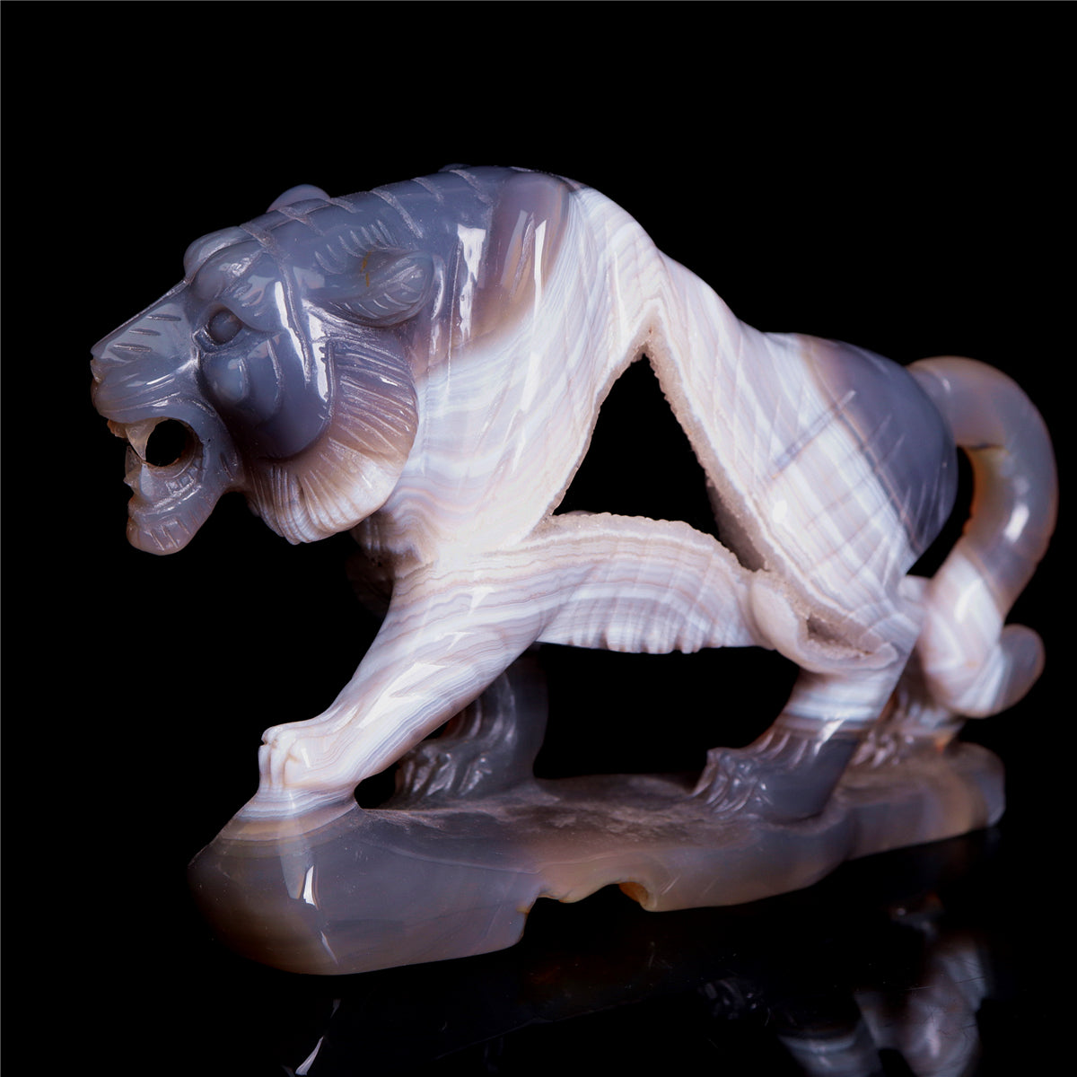 6" Druzy Agate Crystal Tiger Figurine Realistic Animal Carvings Gift