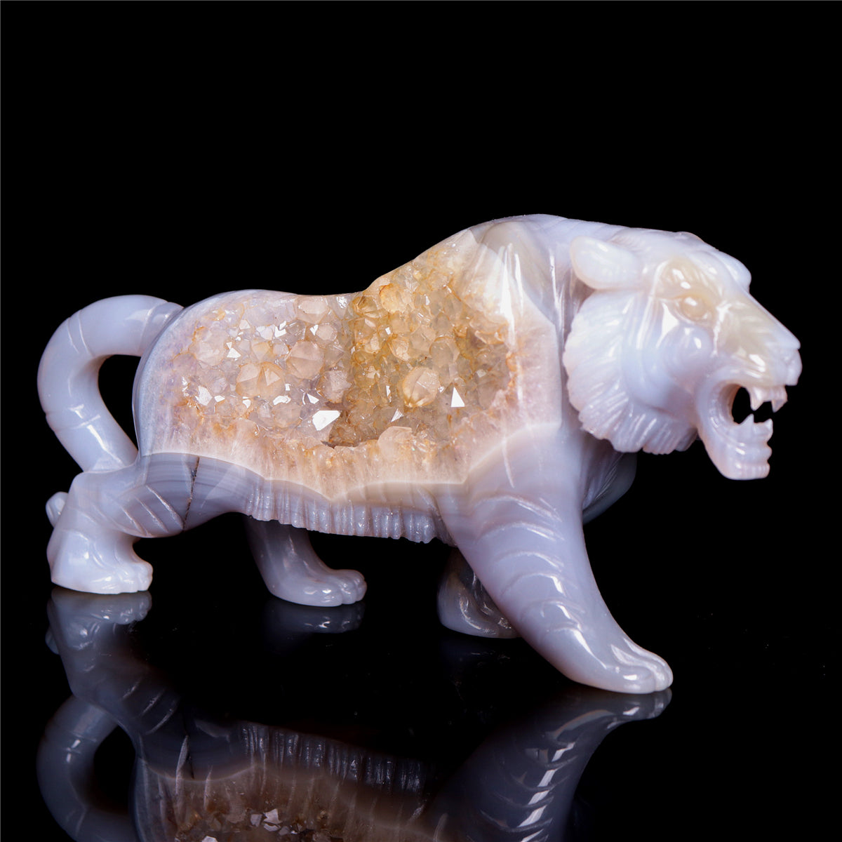 6.5" Druzy Agate Crystal Tiger Figurine Realistic Animal Carvings Gift