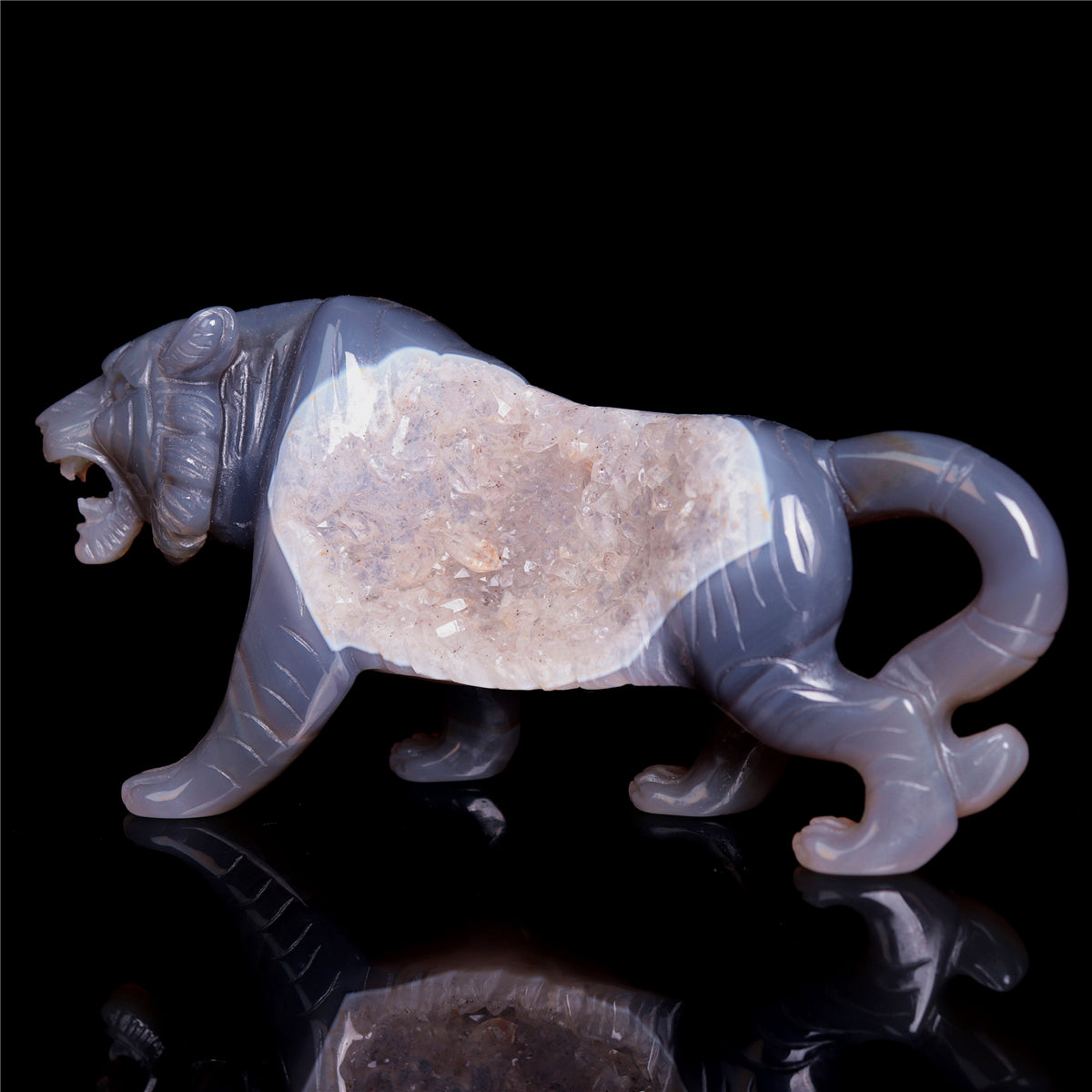 6" Druzy Agate Crystal Tiger Figurine Animal Carvings Gift