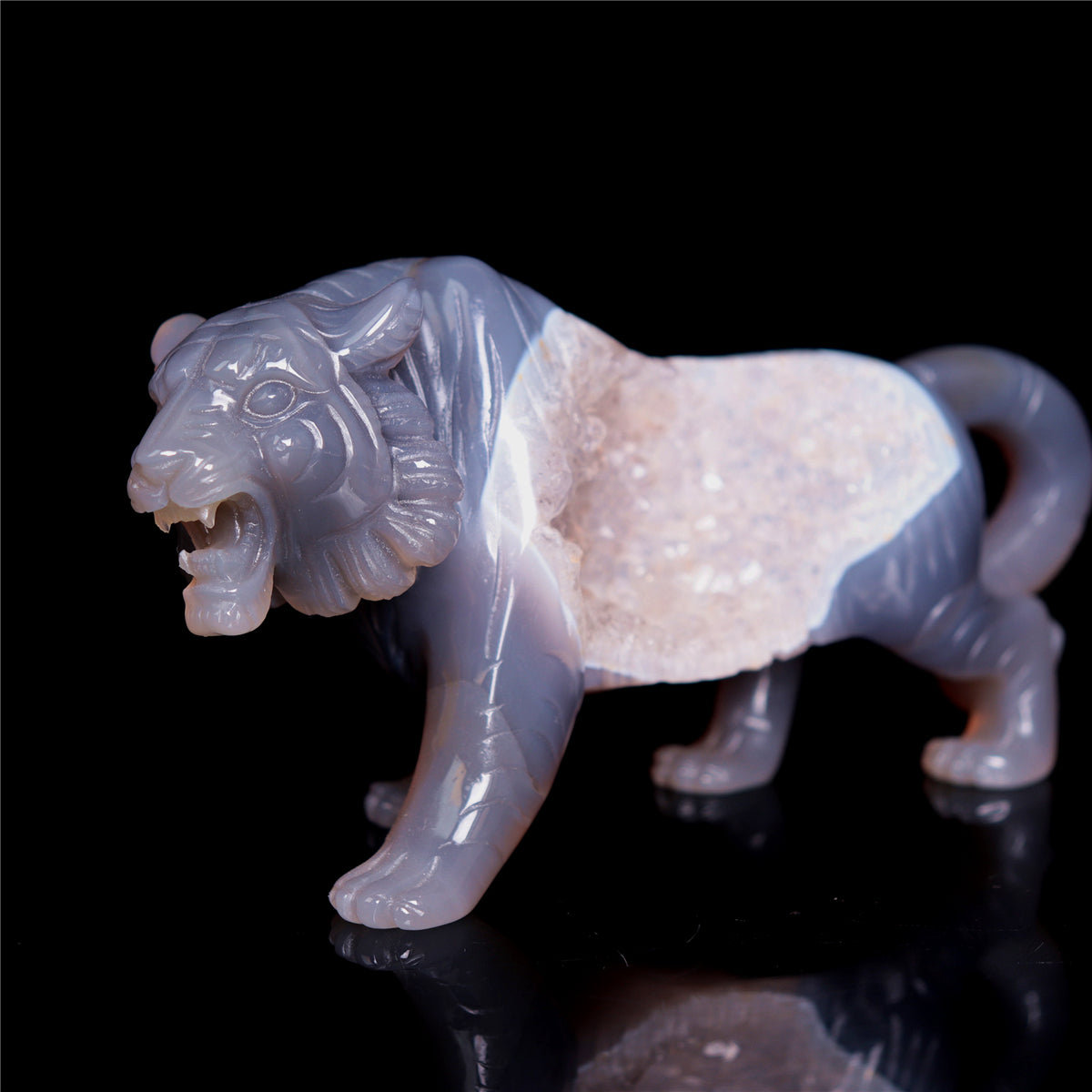 6" Druzy Agate Crystal Tiger Figurine Animal Carvings Gift