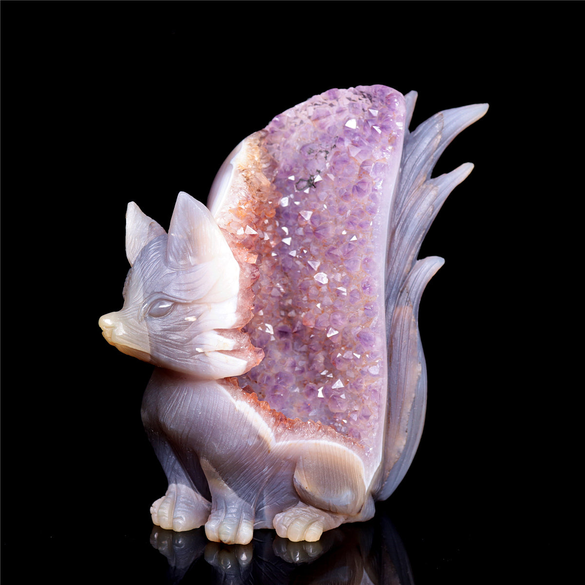 6" Amethyst Druzy Agate Crystal Nine Tail Fox Figurine Animal Carvings