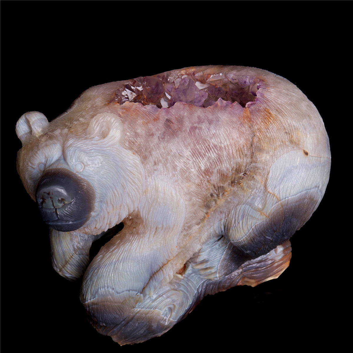 6" Amethyst Geode Crystal Bear Figurine Realistic Stone Animal Carvings