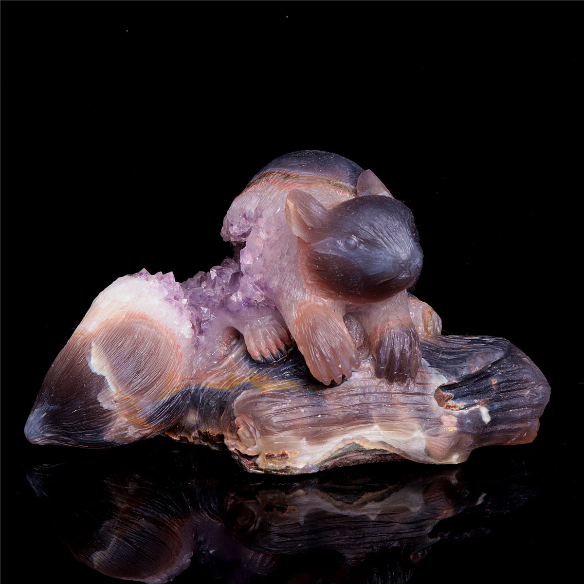 8" Amethyst Agate Crystal Squirrel Figurine Realistic Stone Animal Carvings