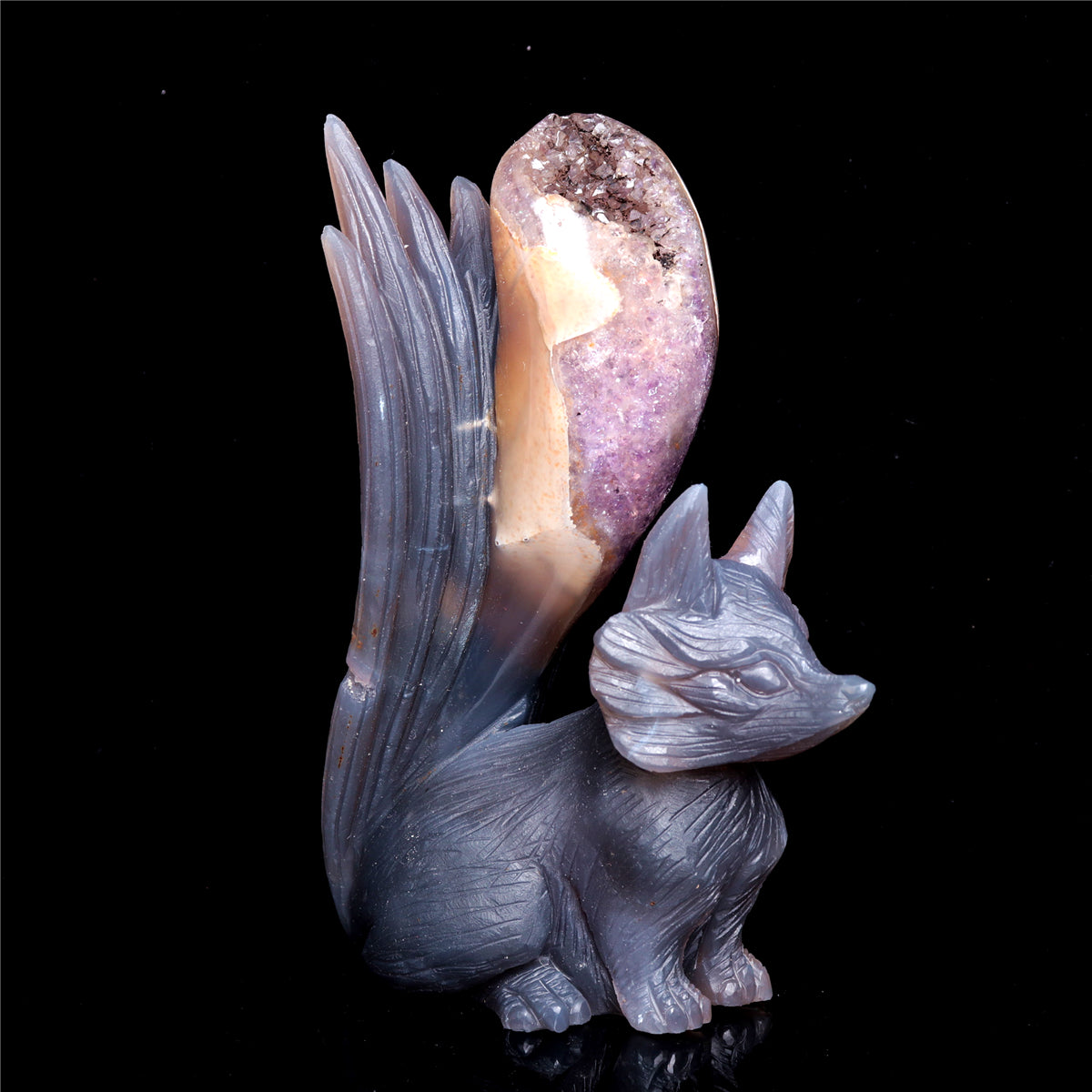 6" Druzy Agate Crystal Nine Tail Fox Figurine Decor