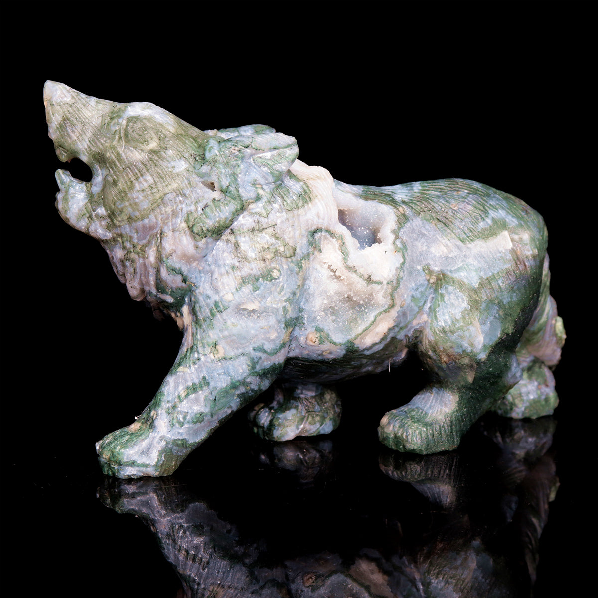 5" Moss Agate Crystal Wolf Figurine Stone Animal Carvings