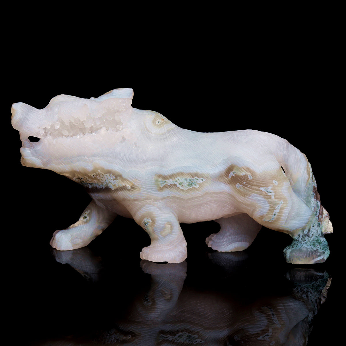 6.5" Druzy Moss Agate Crystal Wolf Figurine Stone Animal Carvings