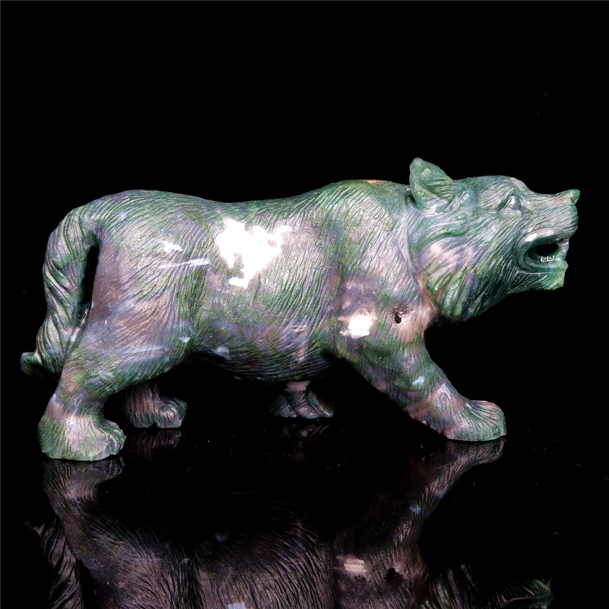 6" Moss Agate Crystal Wolf Figurine Stone Animal Carvings