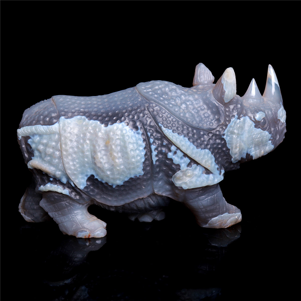 6.5" Druzy Agate Crystal Rhino Figurine Quartz Animal Carvings