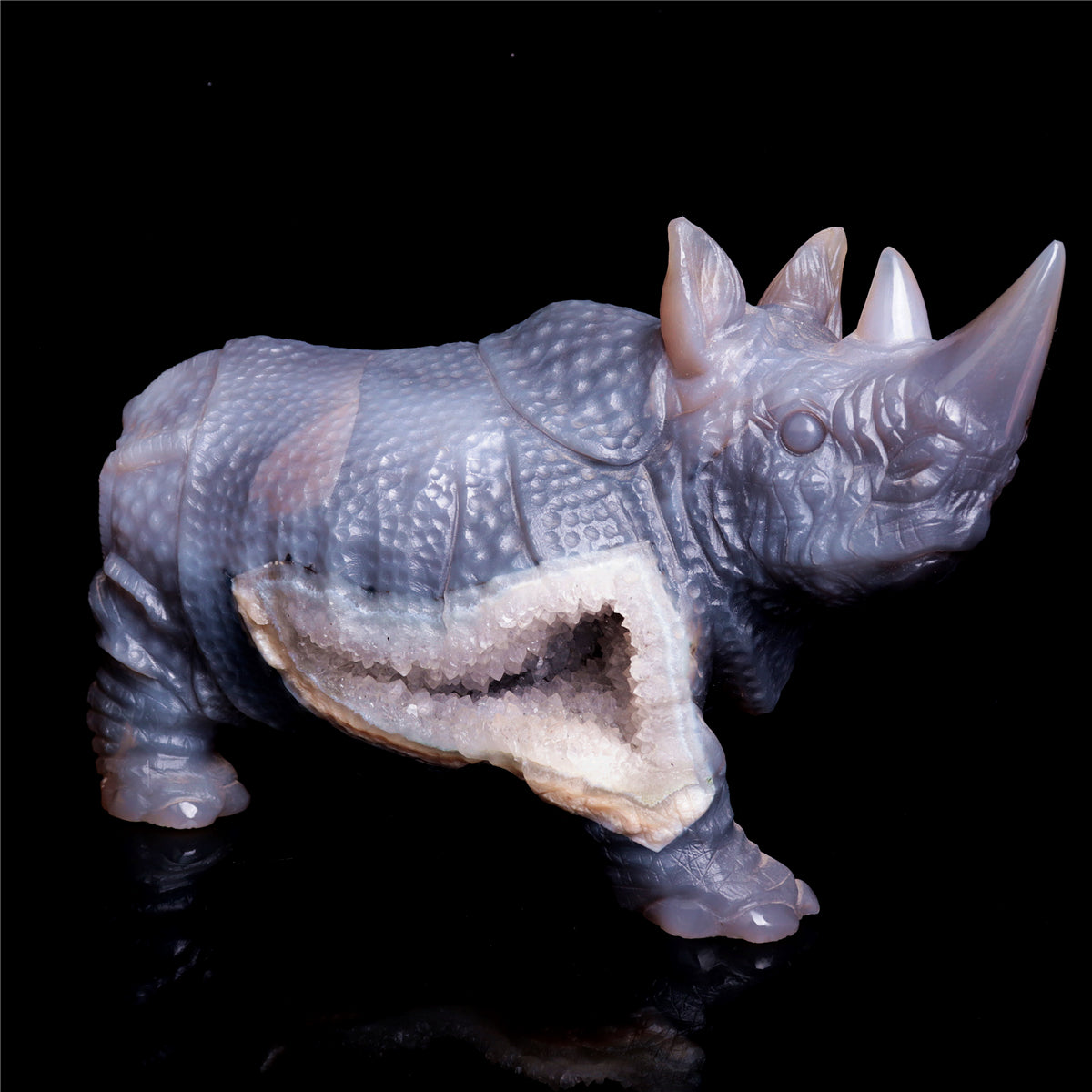 8" Druzy Agate Crystal Rhino Figurine Quartz Animal Carvings