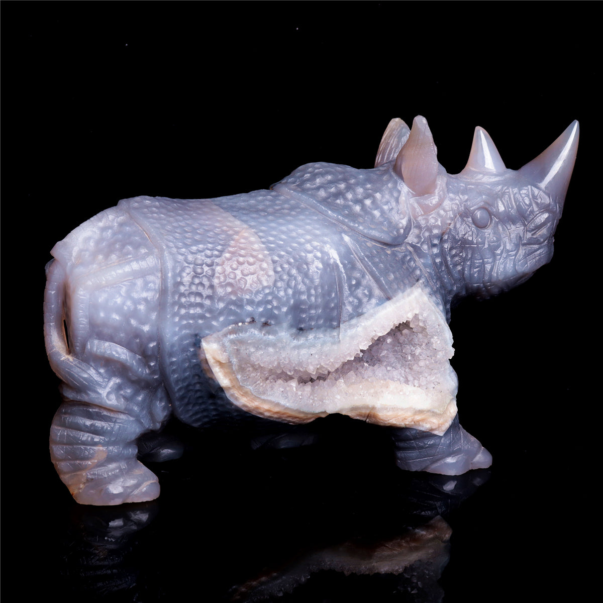 8" Druzy Agate Crystal Rhino Figurine Quartz Animal Carvings