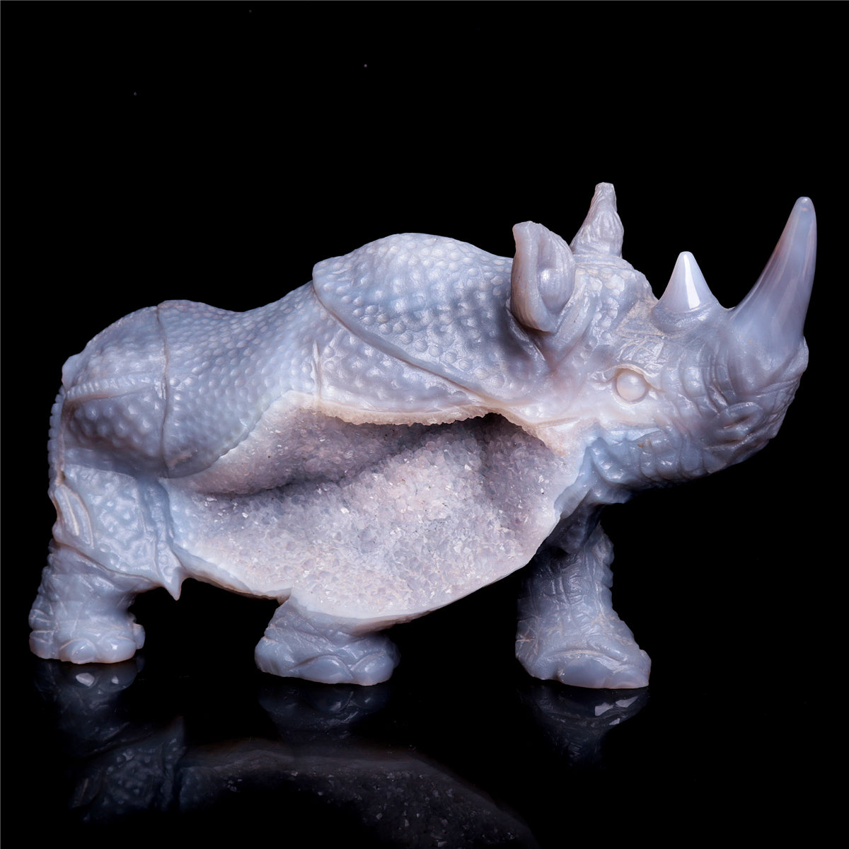 9" Druzy Agate Crystal Rhino Figurine Quartz Animal Carvings