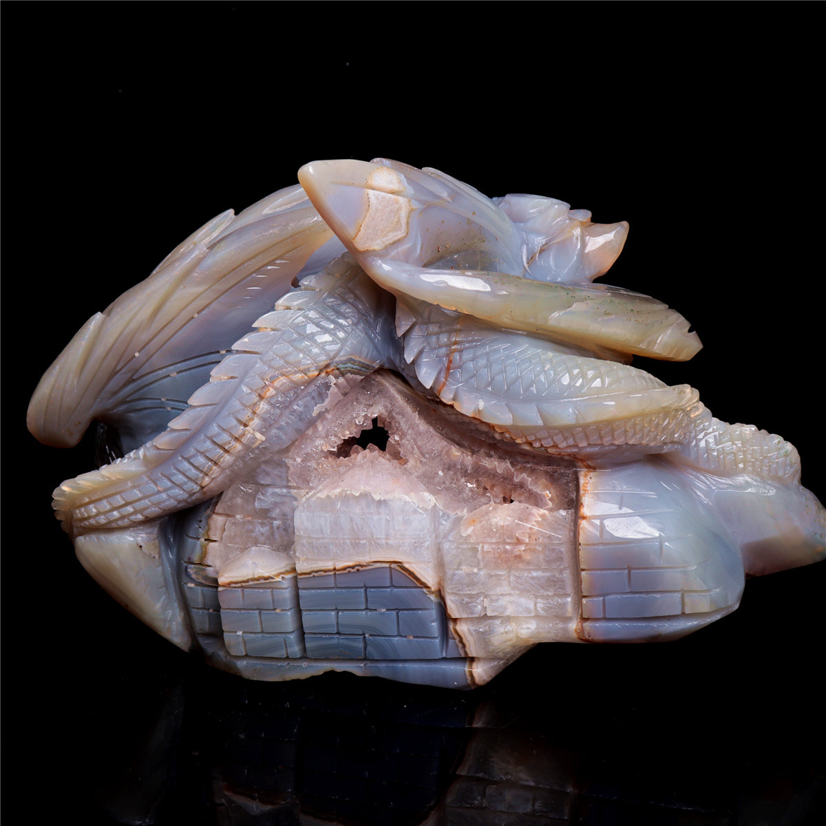 9" Druzy Agate Crystal Dragon Figurine Quartz Animal Carvings