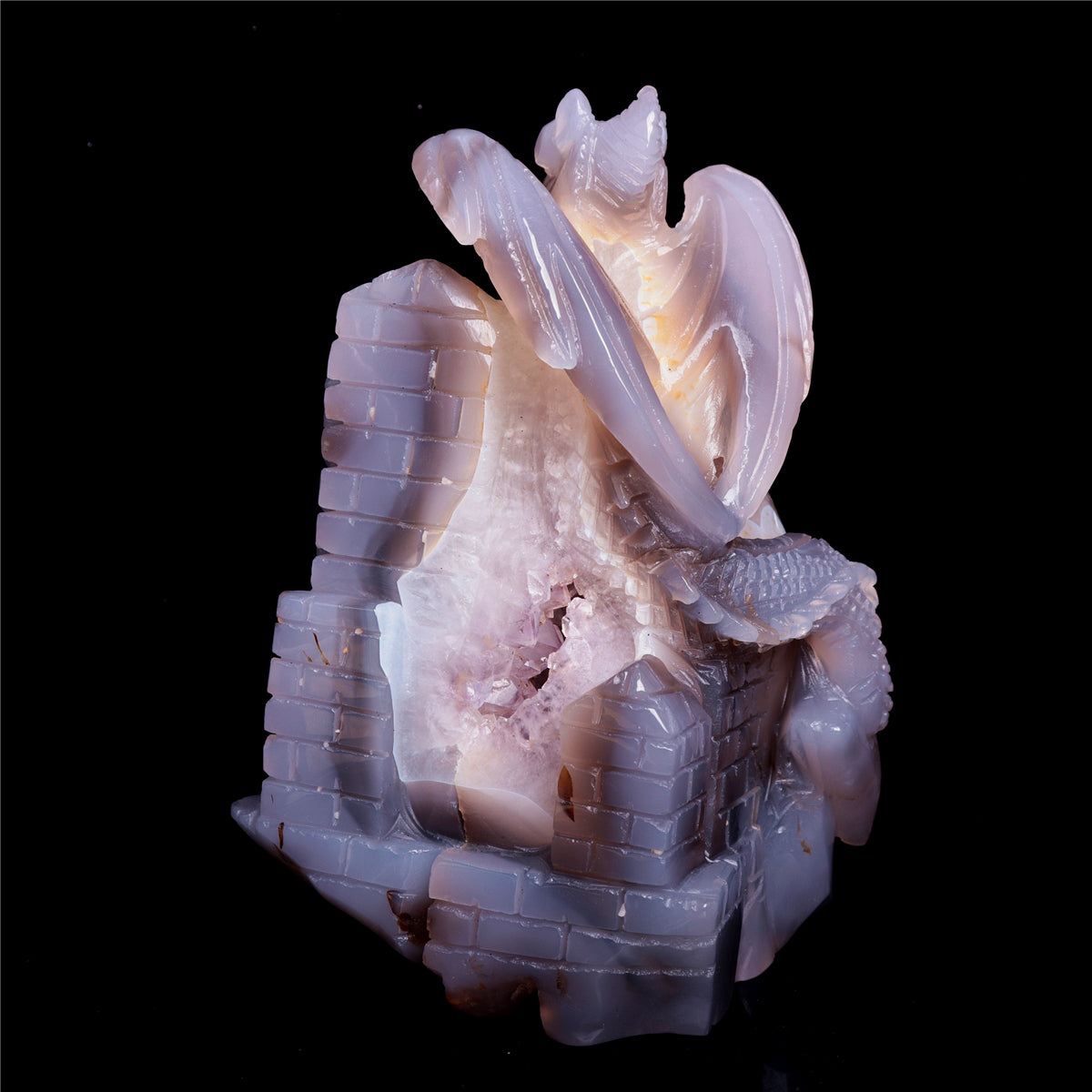 7" Druzy Agate Crystal Dragon Figurine Quartz Animal Carvings