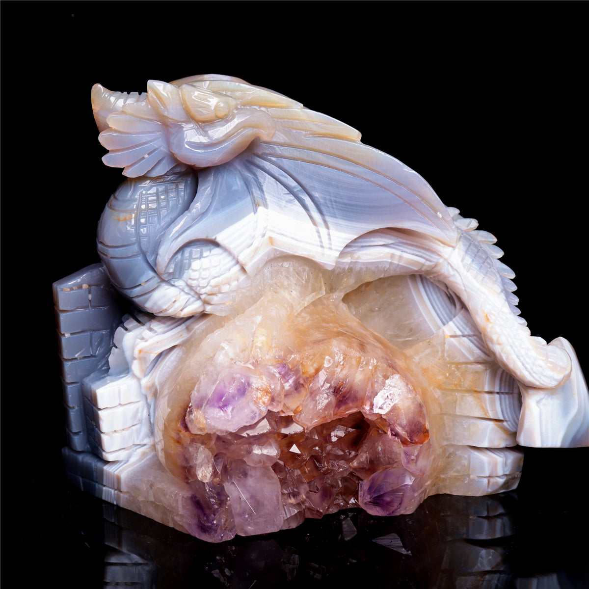 6" Druzy Agate Crystal Dragon Figurine Quartz Animal Carvings