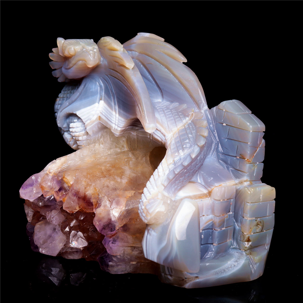6" Druzy Agate Crystal Dragon Figurine Quartz Animal Carvings