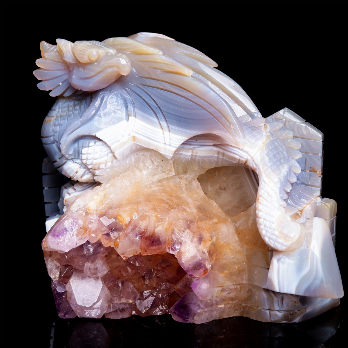 6" Druzy Agate Crystal Dragon Figurine Quartz Animal Carvings