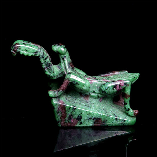 4" Ruby Zoisite Hand Carved Crystal Mantis Figurine