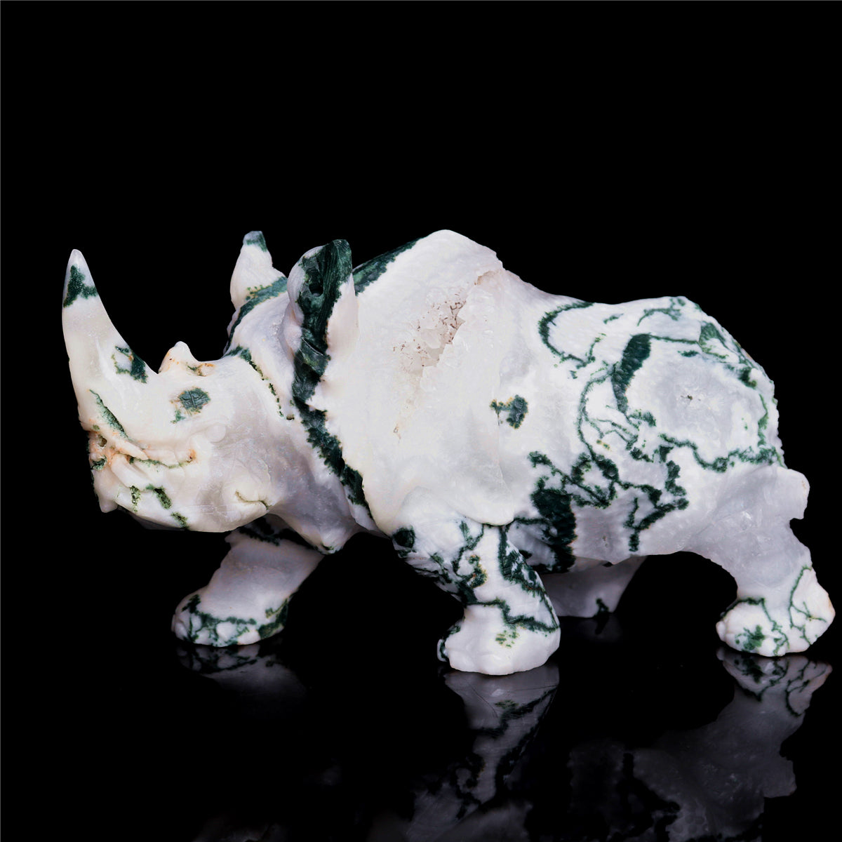 6" Druzy Moss Agate Crystal Rhino Figurine Quartz Animal Carvings
