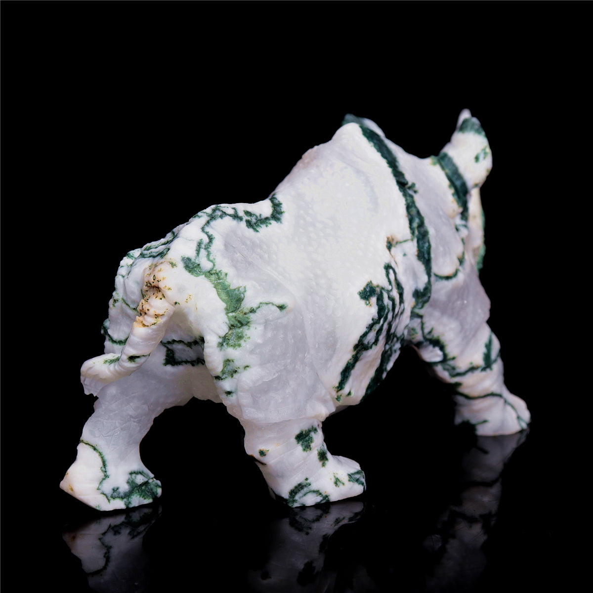 6" Druzy Moss Agate Crystal Rhino Figurine Quartz Animal Carvings