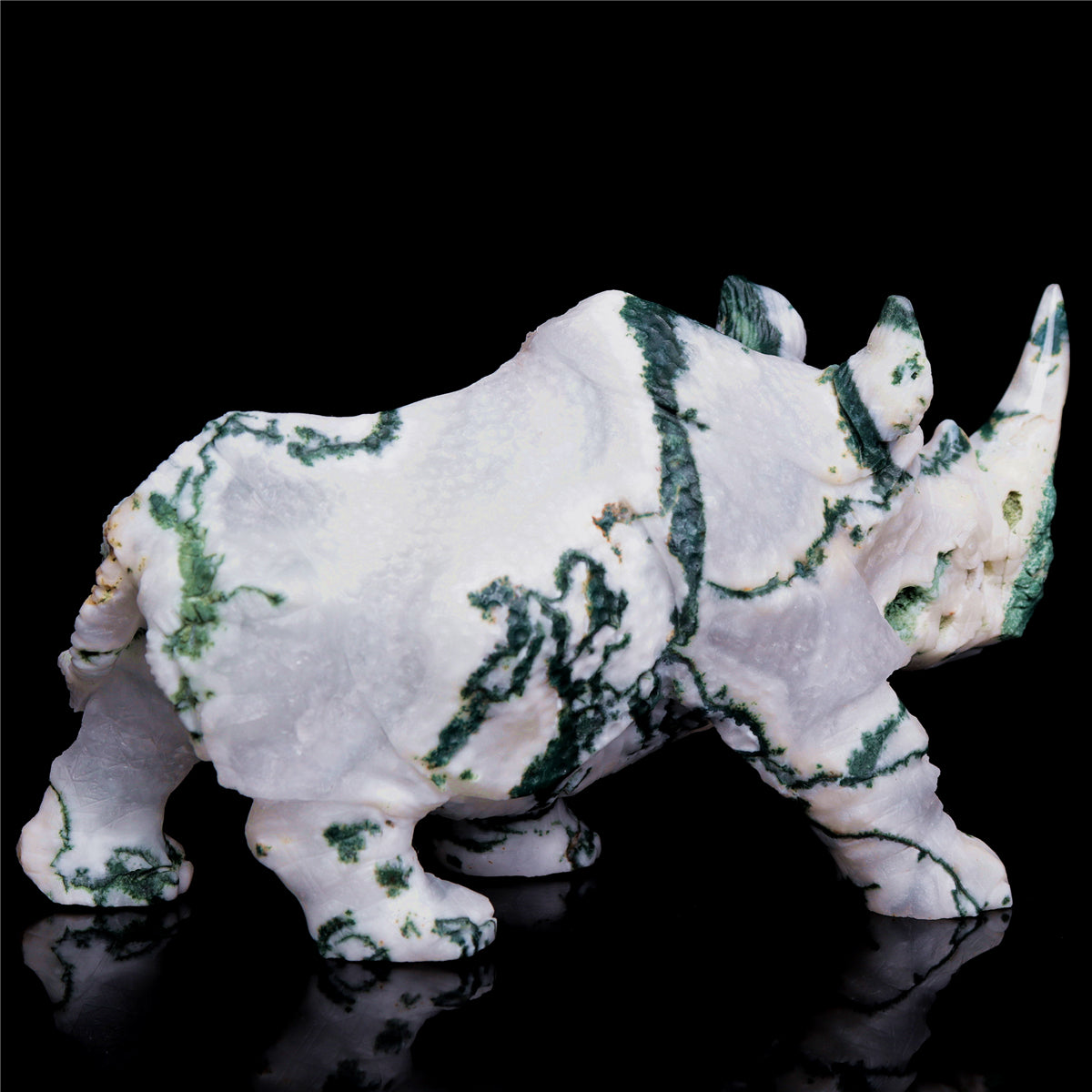 6" Druzy Moss Agate Crystal Rhino Figurine Quartz Animal Carvings