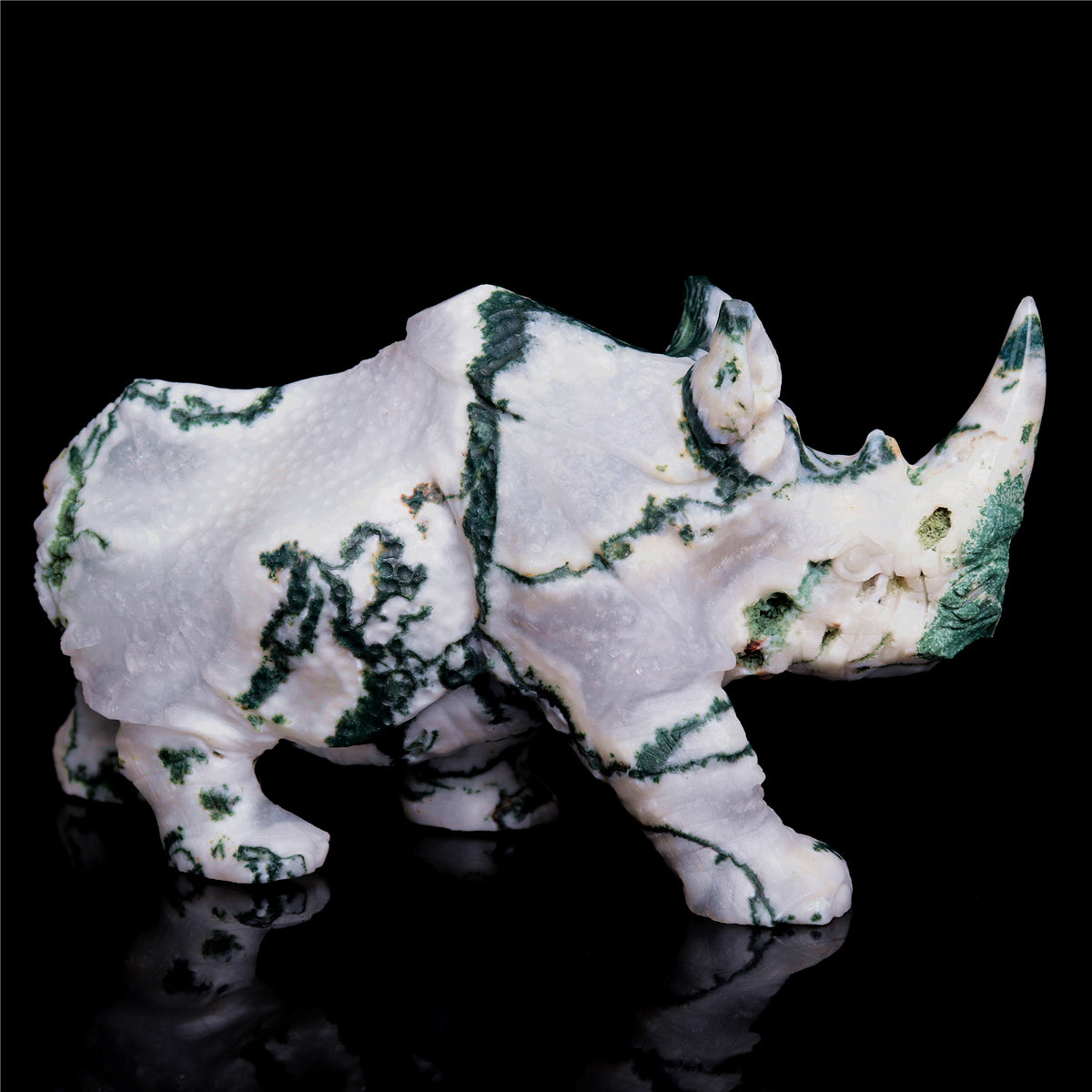 6" Druzy Moss Agate Crystal Rhino Figurine Quartz Animal Carvings