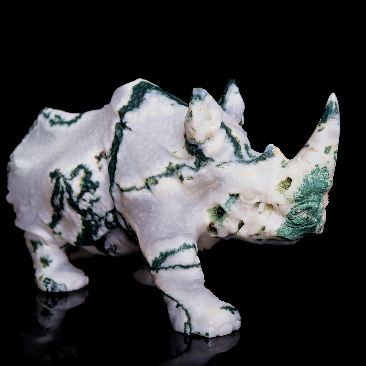 6" Druzy Moss Agate Crystal Rhino Figurine Quartz Animal Carvings