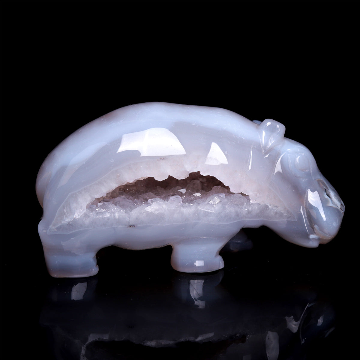 4" Druzy Agate Crystal Hippo Figurine Quartz Animal Carvings