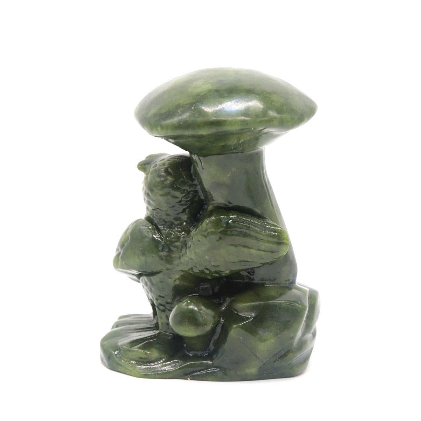 Carved Green Jade owl with mushroom carving Crystal Healing