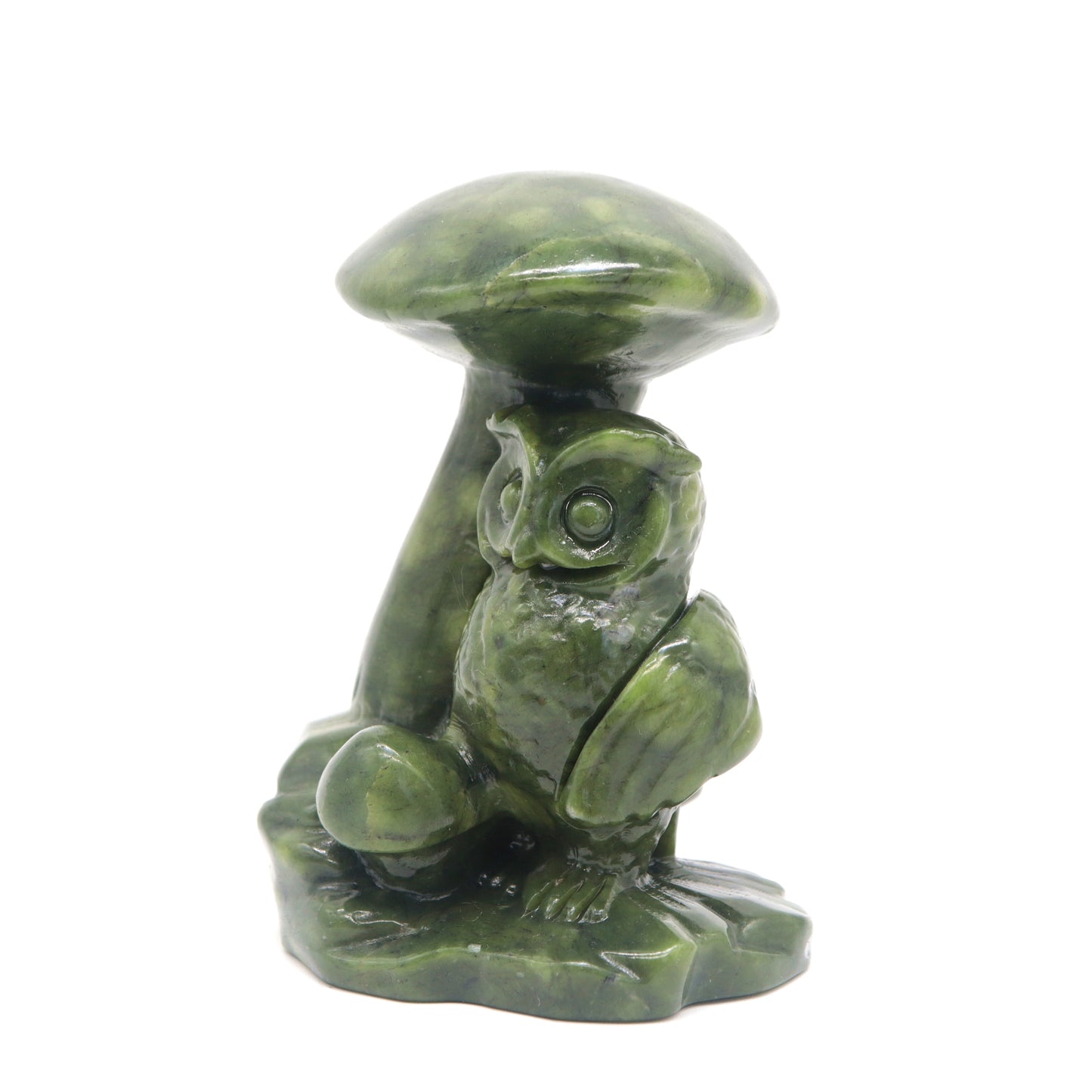 Carved Green Jade owl with mushroom carving Crystal Healing