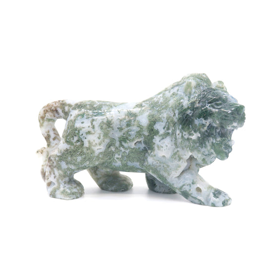 5" Hand Carved Moss Agate Lion Crystal Animal Statues Quartz Healing Decor Reiki