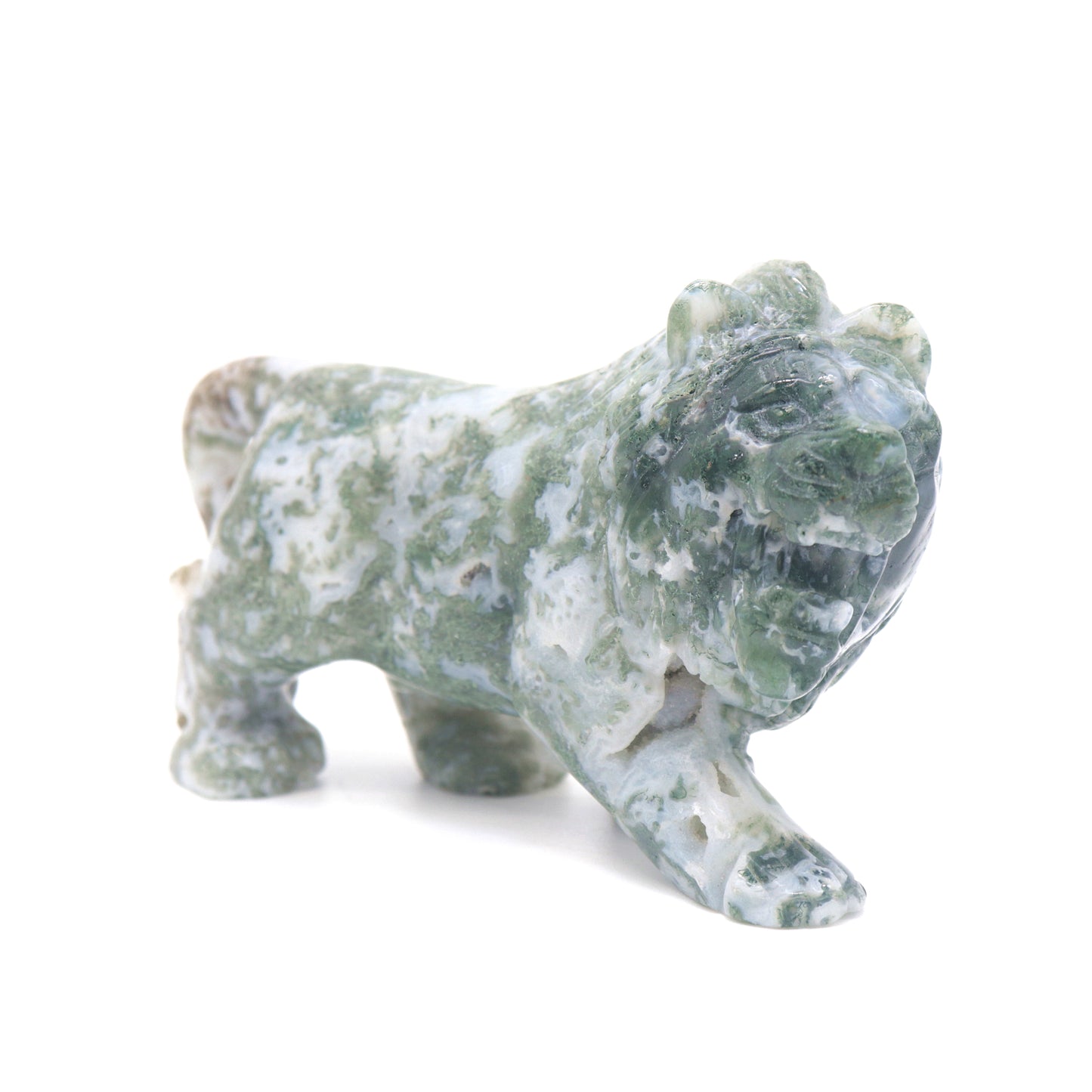 5" Hand Carved Moss Agate Lion Crystal Animal Statues Quartz Healing Decor Reiki