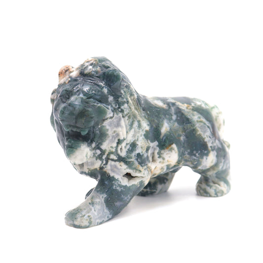 5" Hand Carved Moss Agate Lion Crystal Animal Statues Quartz Healing Decor Reiki