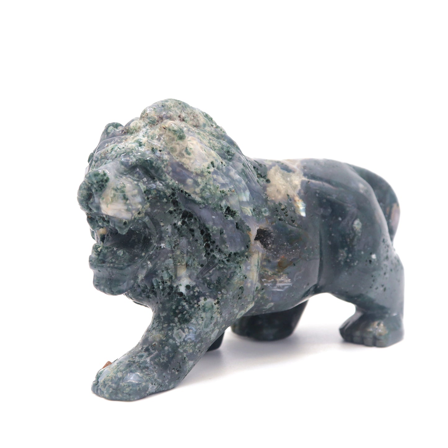 5" Hand Carved Moss Agate Lion Crystal Animal Statues Quartz Healing Decor Reiki