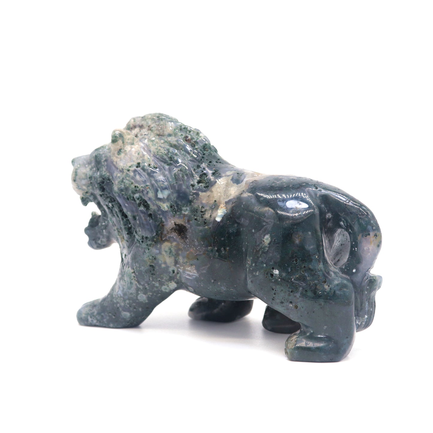 5" Hand Carved Moss Agate Lion Crystal Animal Statues Quartz Healing Decor Reiki