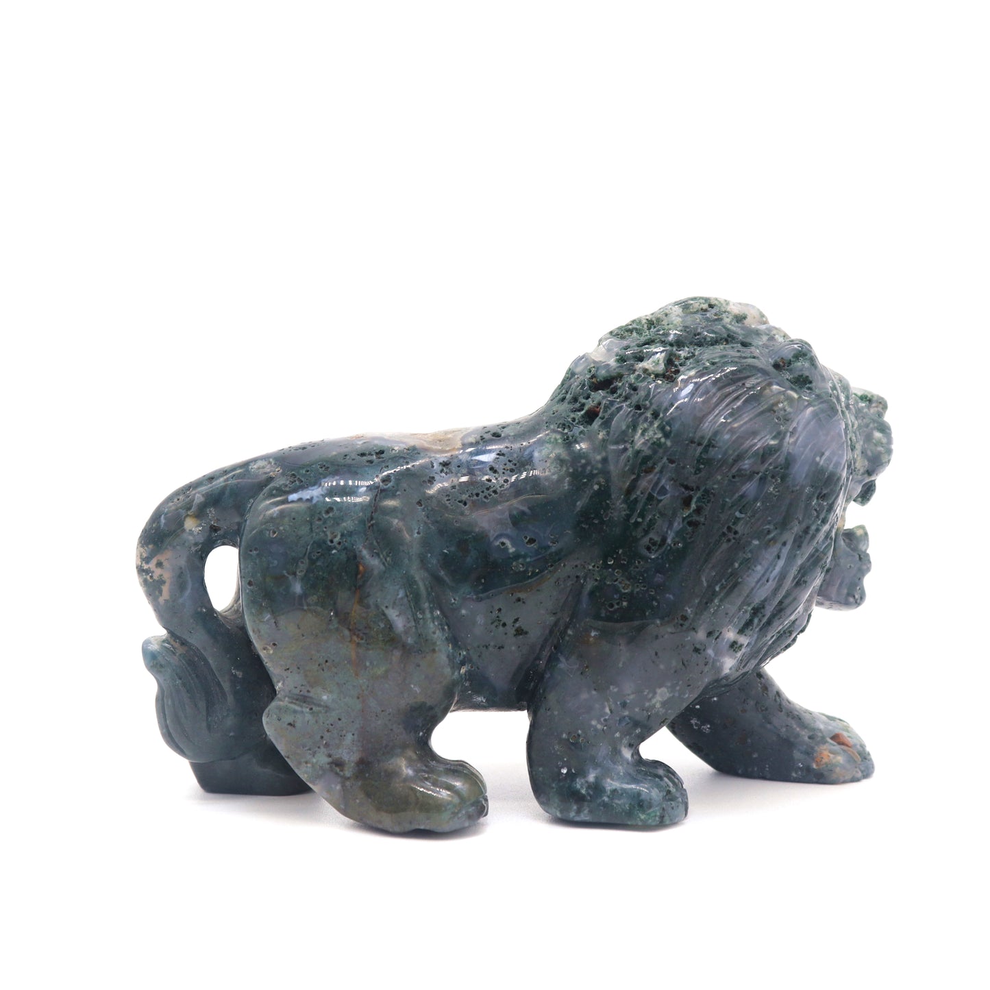 5" Hand Carved Moss Agate Lion Crystal Animal Statues Quartz Healing Decor Reiki