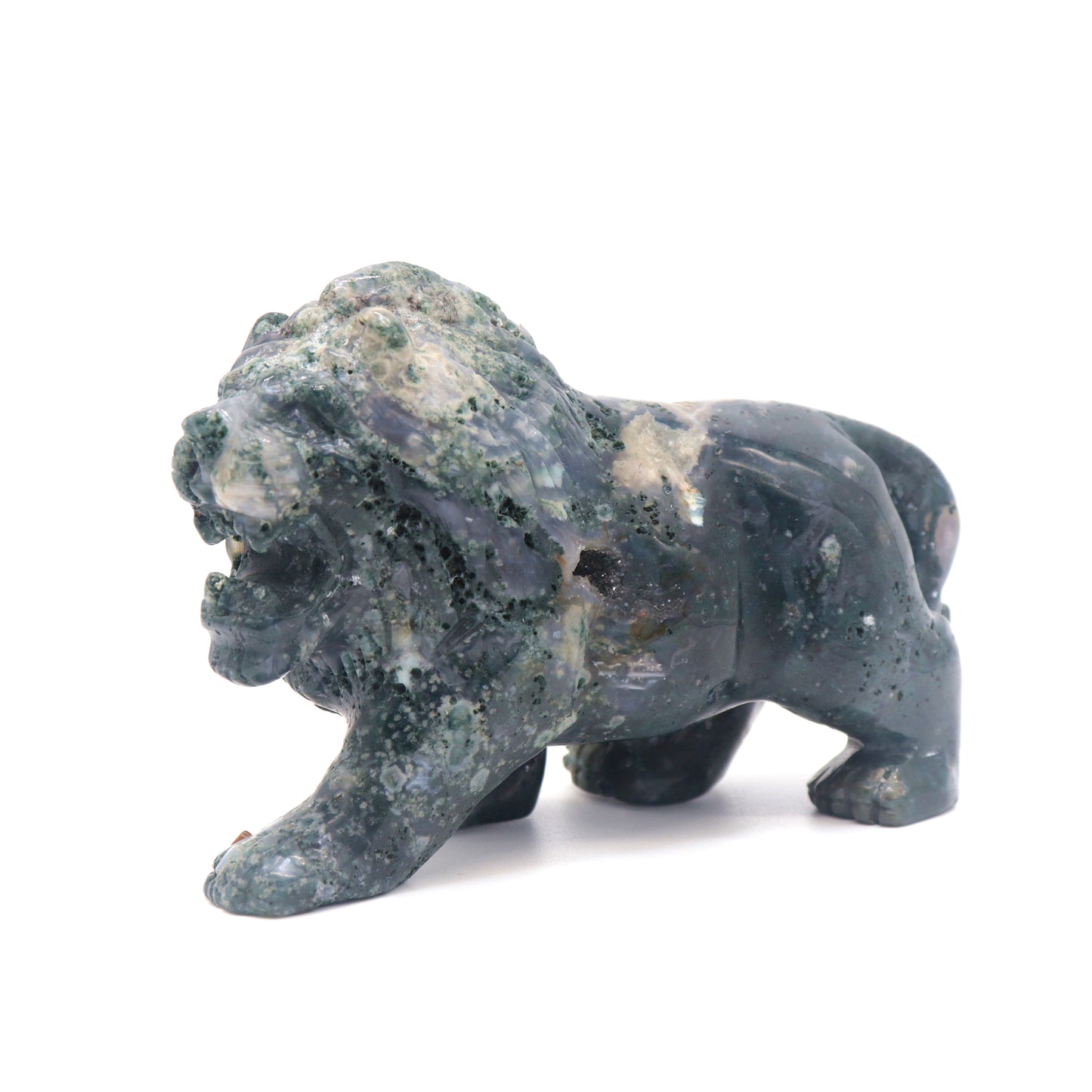 5" Hand Carved Moss Agate Lion Crystal Animal Statues Quartz Healing Decor Reiki