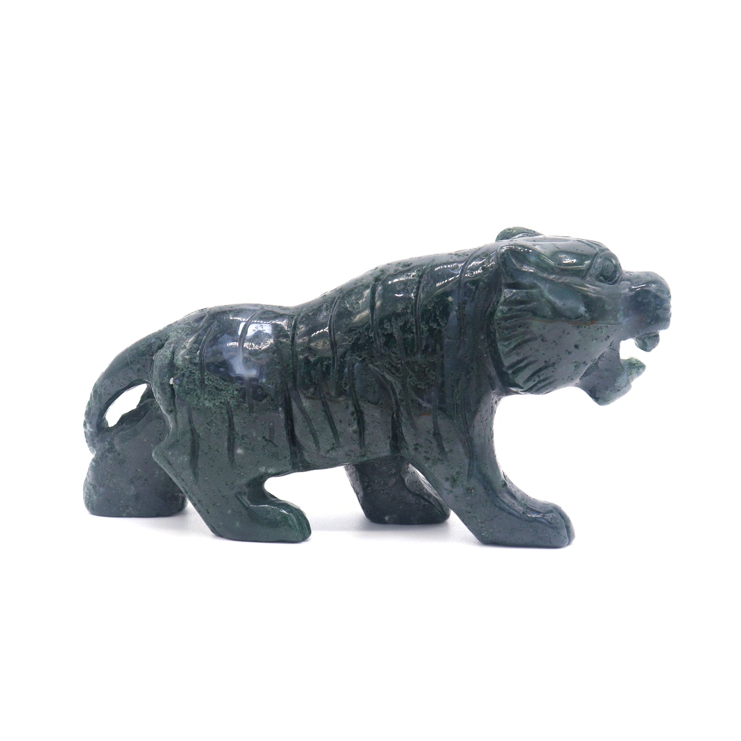 5.5" Hand Carved Moss Agate Tiger Crystal Animal Statues Quartz Healing Decor Reiki