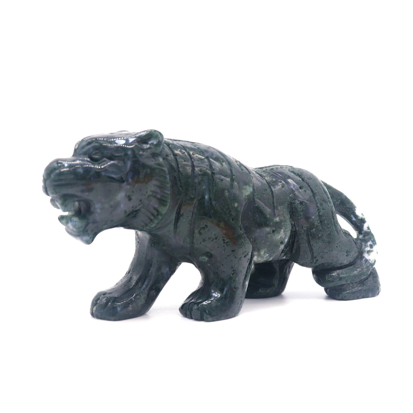 5.5" Hand Carved Moss Agate Tiger Crystal Animal Statues Quartz Healing Decor Reiki