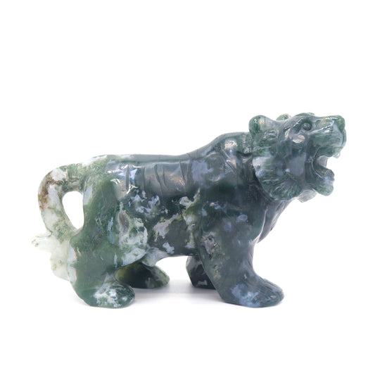 5" Hand Carved Moss Agate Tiger Crystal Animal Statues Quartz Healing Decor Reiki