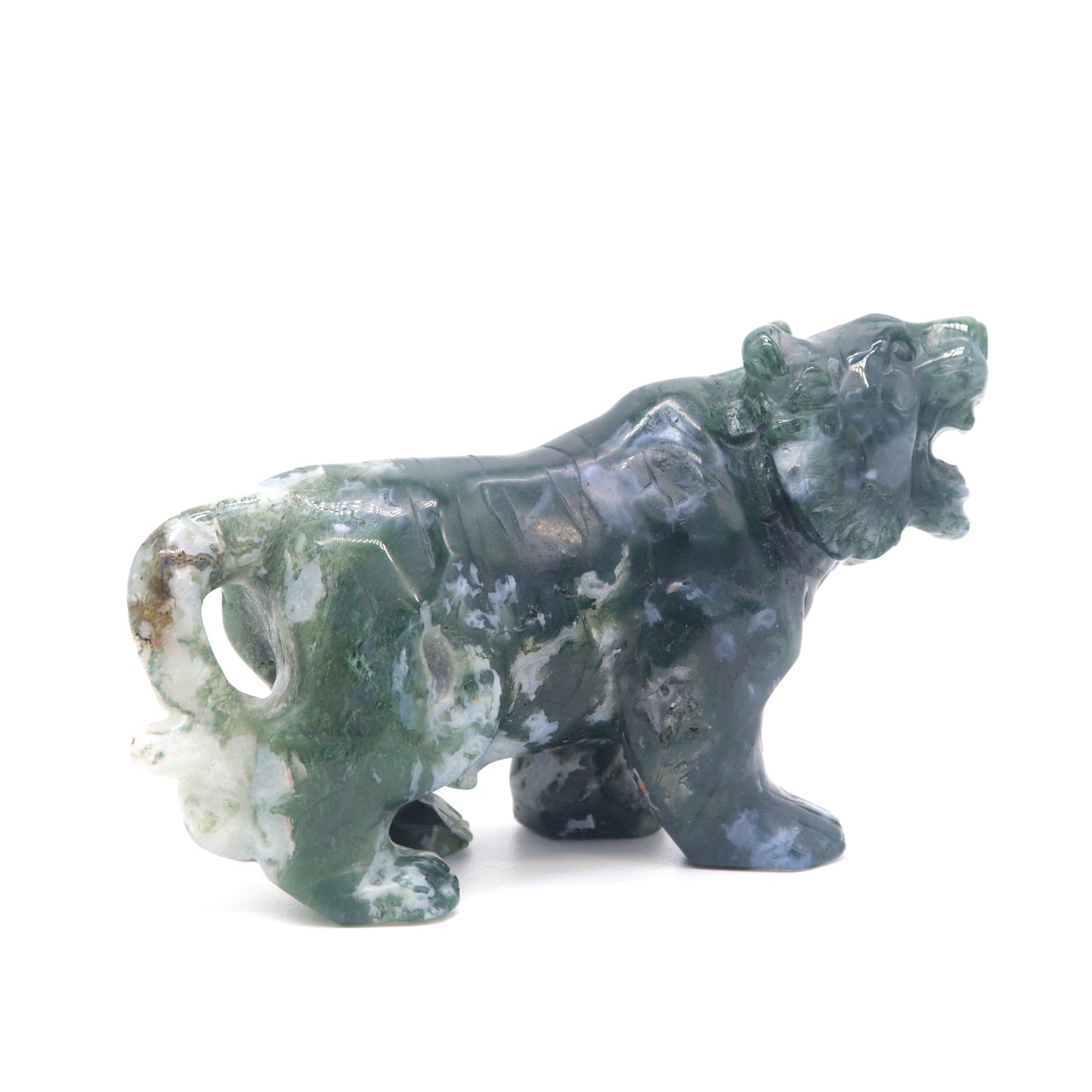 5" Hand Carved Moss Agate Tiger Crystal Animal Statues Quartz Healing Decor Reiki