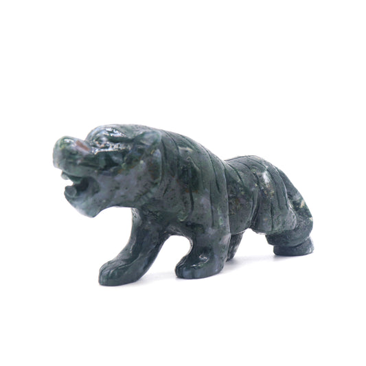 5" Hand Carved Moss Agate Tiger Crystal Animal Statues Quartz Healing Decor Reiki