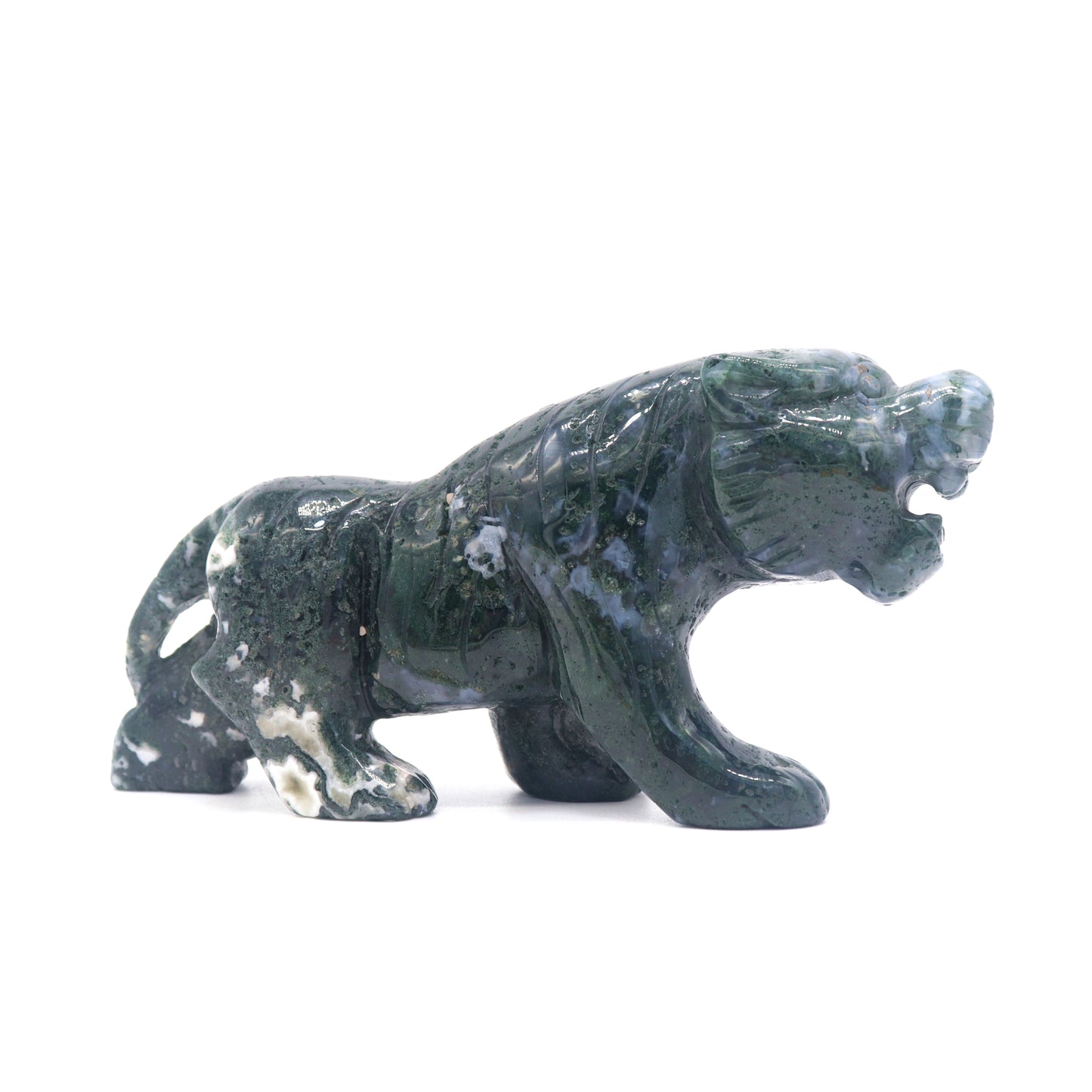 5" Hand Carved Moss Agate Tiger Crystal Animal Statues Quartz Healing Decor Reiki
