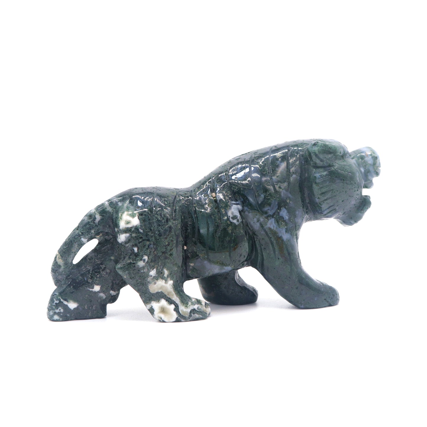 5" Hand Carved Moss Agate Tiger Crystal Animal Statues Quartz Healing Decor Reiki