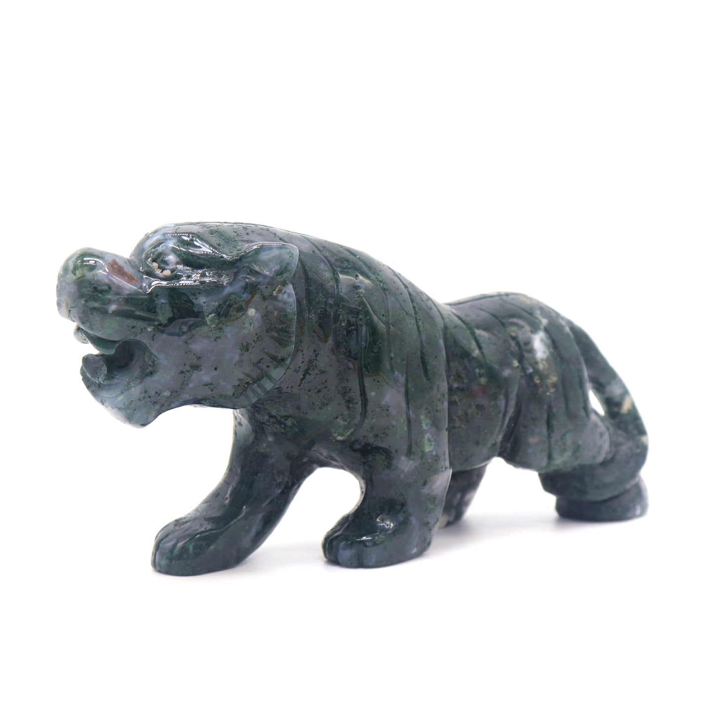 5" Hand Carved Moss Agate Tiger Crystal Animal Statues Quartz Healing Decor Reiki