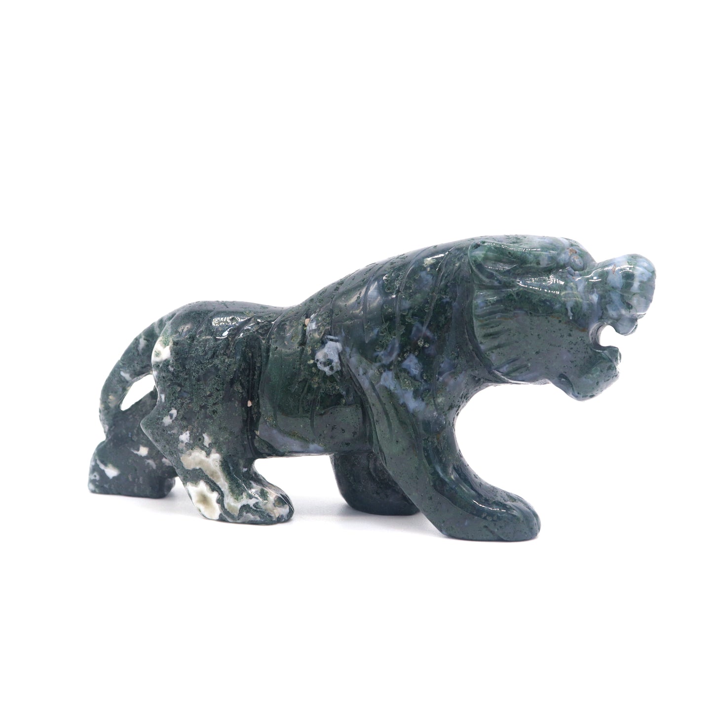 5" Hand Carved Moss Agate Tiger Crystal Animal Statues Quartz Healing Decor Reiki
